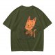 Olive T-Shirt with Cartoon Cat at Grave Print