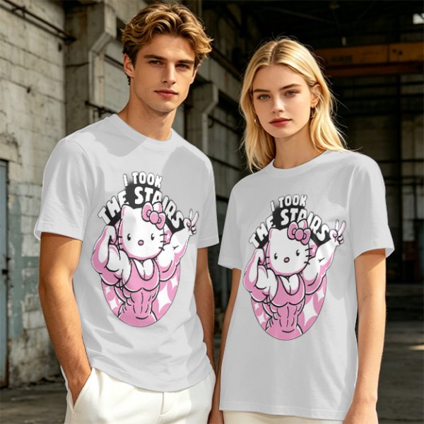 Olive t-shirt with muscular Hello Kitty graphic and 'I Took The Stairs' text