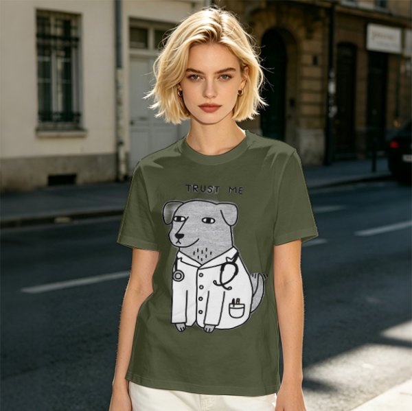 Olive T-shirt with Trust Me Doctor Dog Graphic Print