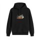 Black hoodie with whimsical seated character and small creatures print