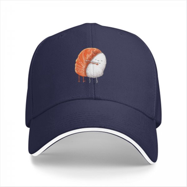 Black Baseball Cap With Cute Salmon Sushi Character Print