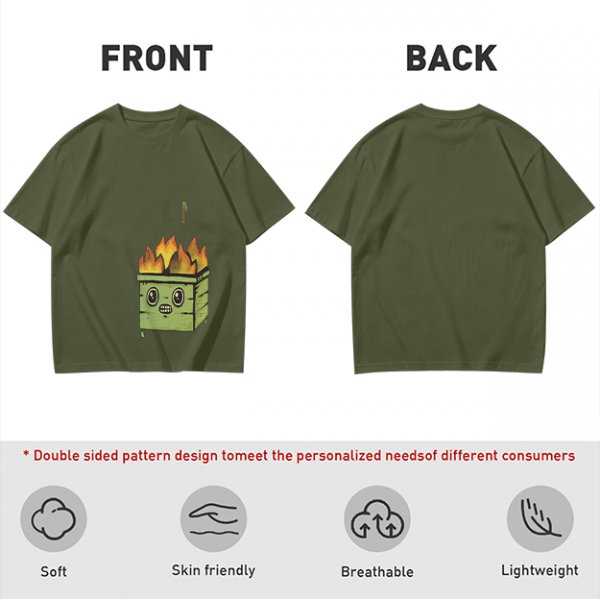 Olive Green T-Shirt With Cartoon Burning Dumpster Graphic