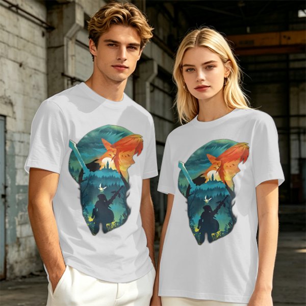 Olive green t-shirt with fantasy warrior silhouette graphic