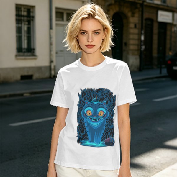 Olive T-shirt with Glowing Blue Cheshire Cat Graphic