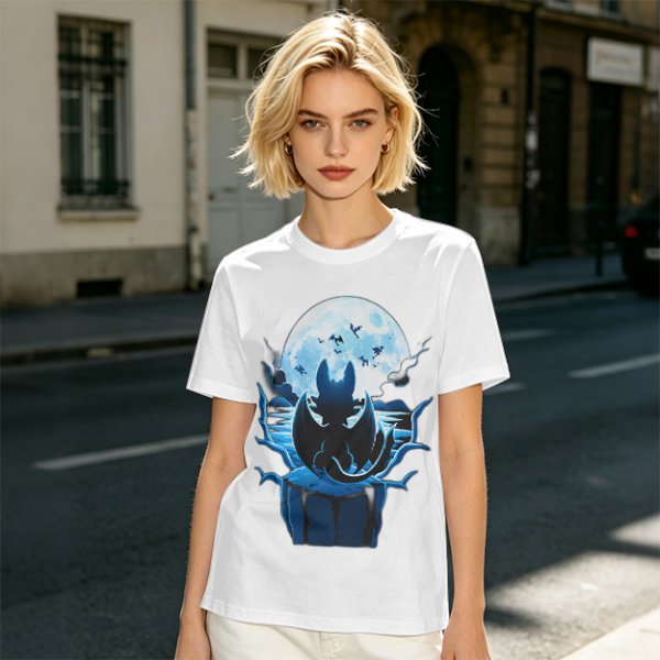 Olive T-Shirt Featuring Dragon Silhouette Under Full Moon