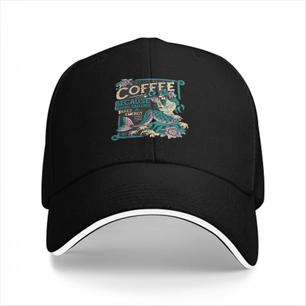 Black Baseball Cap With Mermaid Coffee Lover Graphic Design