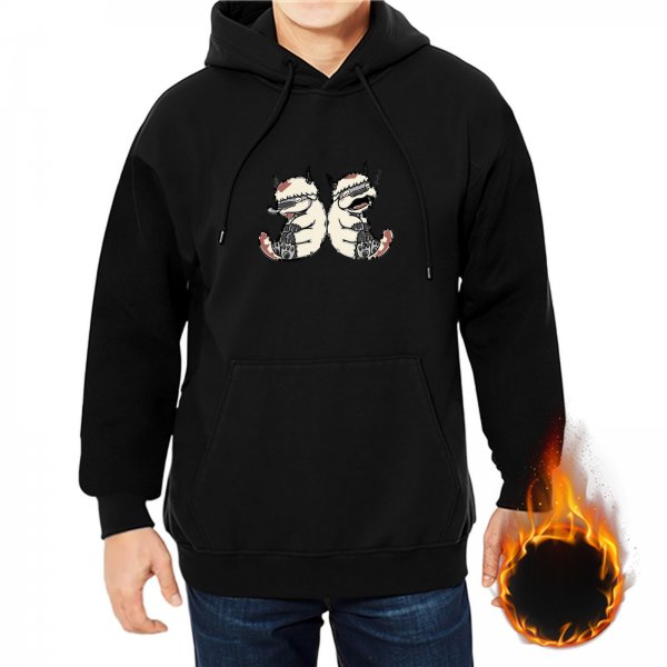 Black hoodie with two blindfolded monster cat graphic
