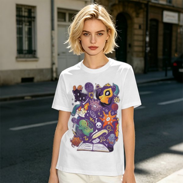 Olive T-Shirt With Cute Occult Monster And Spell Book Print
