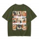 Olive T-Shirt with 9 Grid Cute Cat Illustrations Print