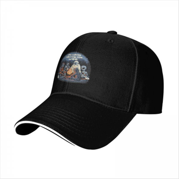 Black baseball cap with cryptid alien campfire graphic design