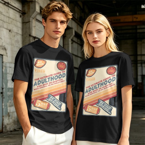 Olive t-shirt with retro guide to adulthood VHS-style print