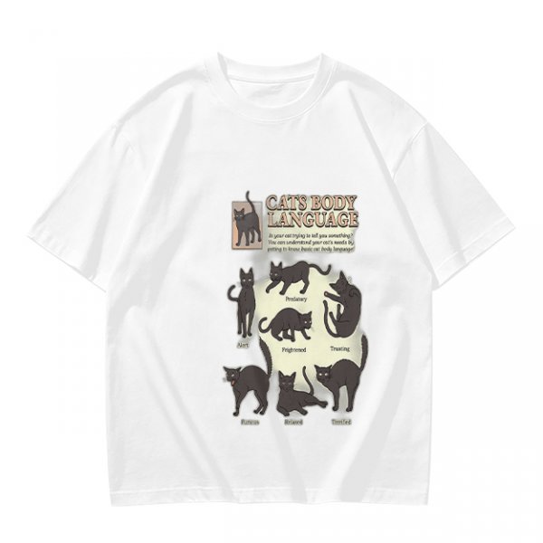Olive T-Shirt With Cat Body Language Illustrations