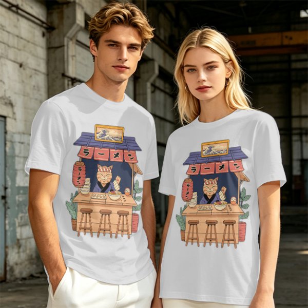 Olive T-Shirt with Cat Ramen Shop Artwork