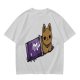 Olive T-shirt with a cartoon cat emerging from a purple chocolate wrapper print