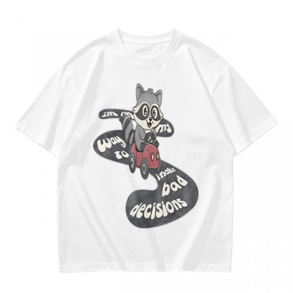 Olive graphic tee with raccoon driving car and 'Way to make bad decisions' text