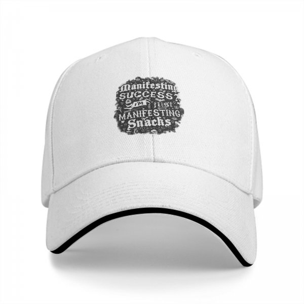 Black baseball cap with 'I'm manifesting snacks' text print