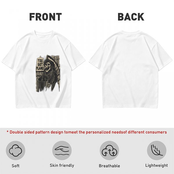 Olive graphic t-shirt with grim reaper and 'You Got Plans?' print