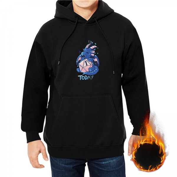 Black Hoodie With Cute Dragon Holding D20 Natural 1 Today Print