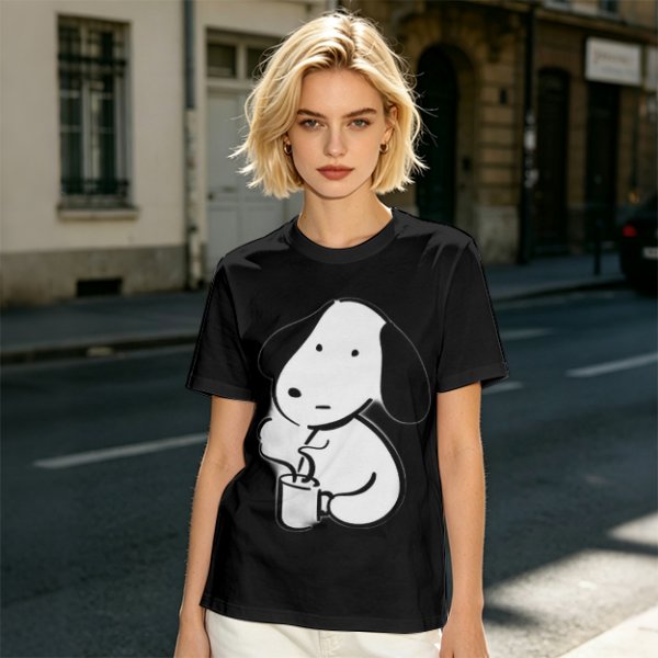 Olive Green T-Shirt With Cartoon Dog Holding Hot Drink Graphic