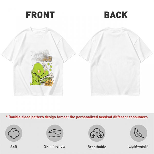 Olive Green T-Shirt With Cute Green Creature Preparing Peas Graphic