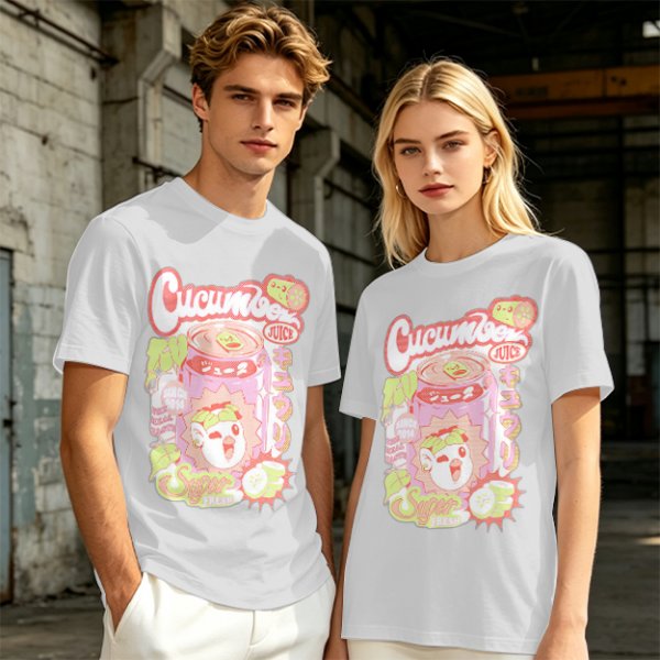 Olive green graphic t-shirt with cucumber juice themed print
