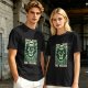 Olive green t-shirt with 'Don't Trust The Wizard' robot graphic print
