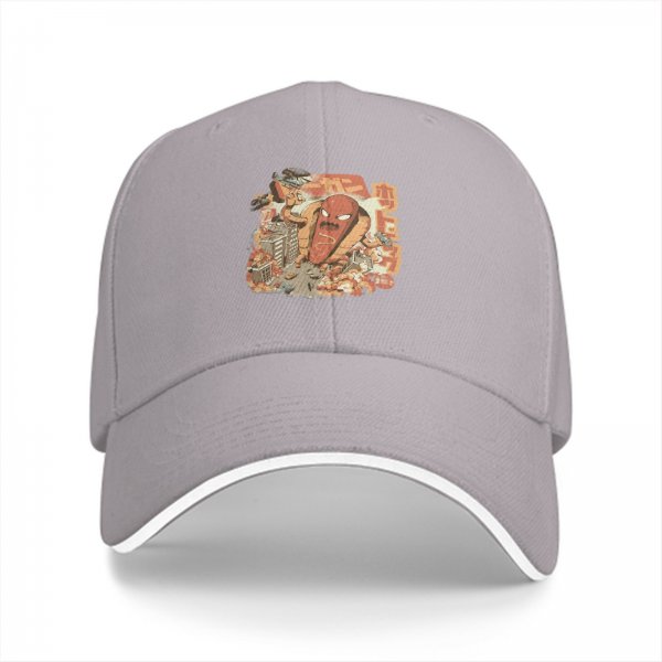 Black baseball cap with giant hot kaiju destroying city graphic