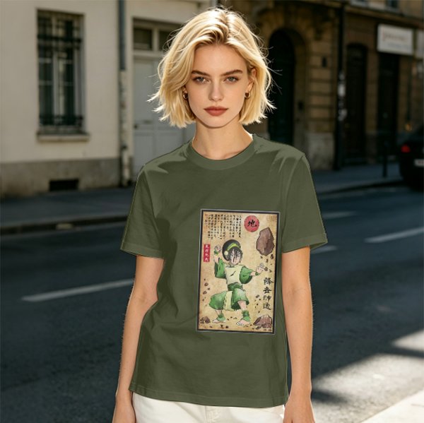 Olive T-shirt with Earthbender Character Vintage Art Print