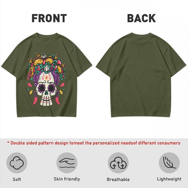 Olive T-Shirt with Day of the Dead Sugar Skull and Taco Food Art