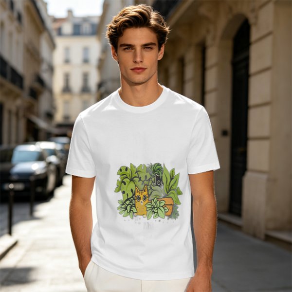 Olive T-Shirt With Playful Cat And House Plants Graphic
