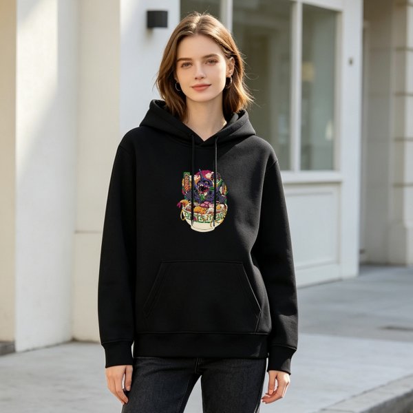 Black Hoodie With Monster Ramen Bowl Graphic Print
