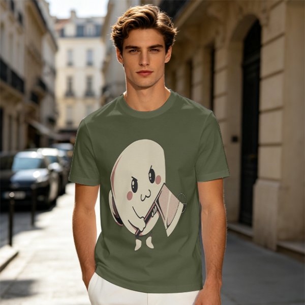 Olive T-Shirt With Cute Angry Ghost Holding Axe Graphic