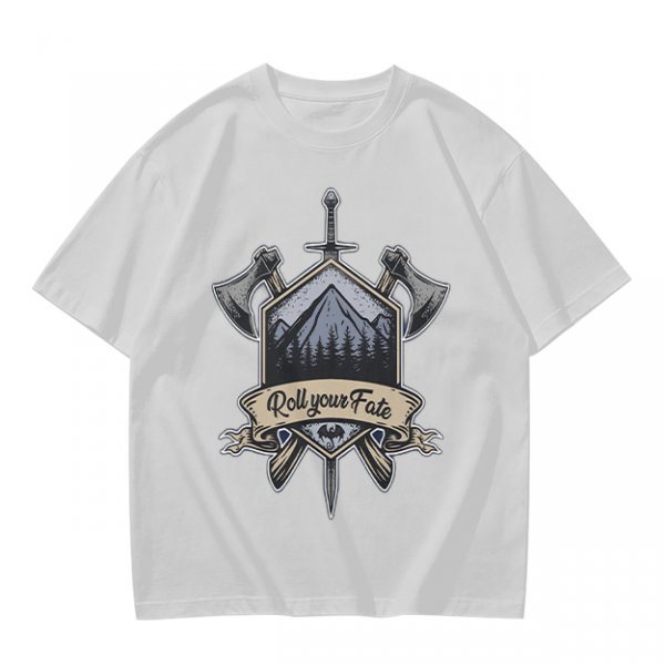 Olive T-Shirt With Viking Mountain Axe Sword 'Roll Your Fate' Print