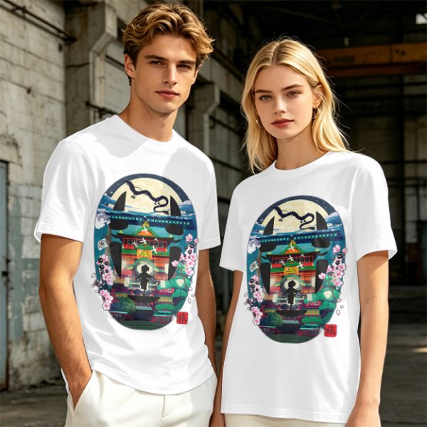 Spirited Away Bathhouse Graphic Tee with No Face and Dragon Art