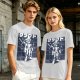 Olive t-shirt with stylized anime warrior graphic and Japanese text