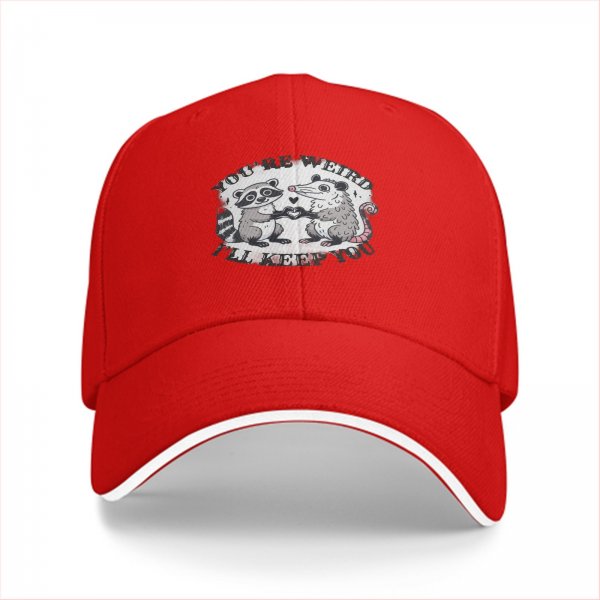 Black baseball cap with raccoon and opossum weird love graphic