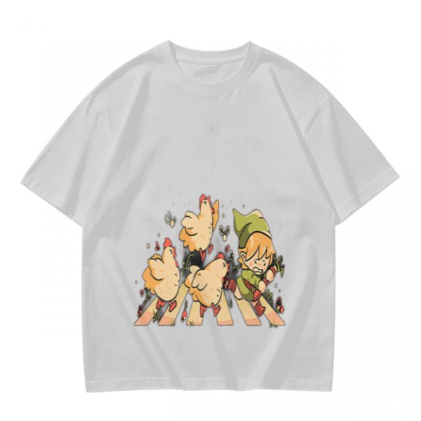 Olive Green T-Shirt With Chasing Chickens And Elf Character Print