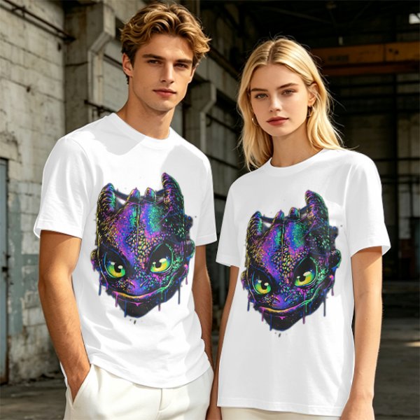 Olive T-Shirt With Neon Toothless Dragon Head Art Print