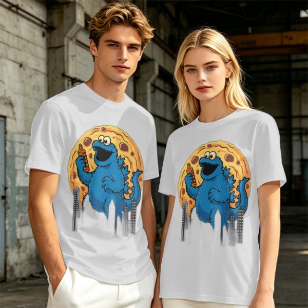 Olive T-Shirt Featuring Giant Cookie Monster Holding Cookie Against Moon