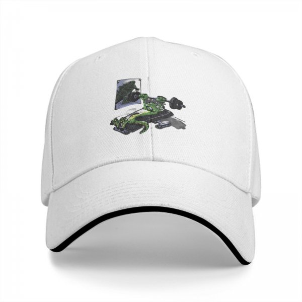 Black baseball cap with a green frog bench pressing weight design