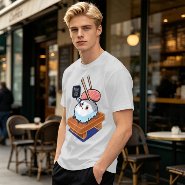 Olive T-Shirt With Sad Sushi Character Saying Thanks Chef Print