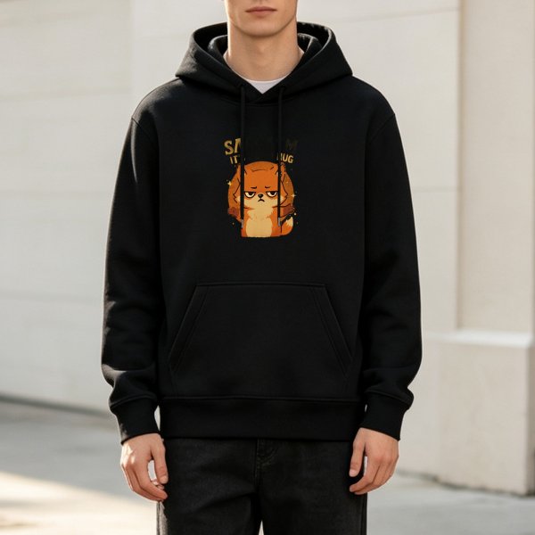 Black hoodie with sarcastic fox hug graphic print
