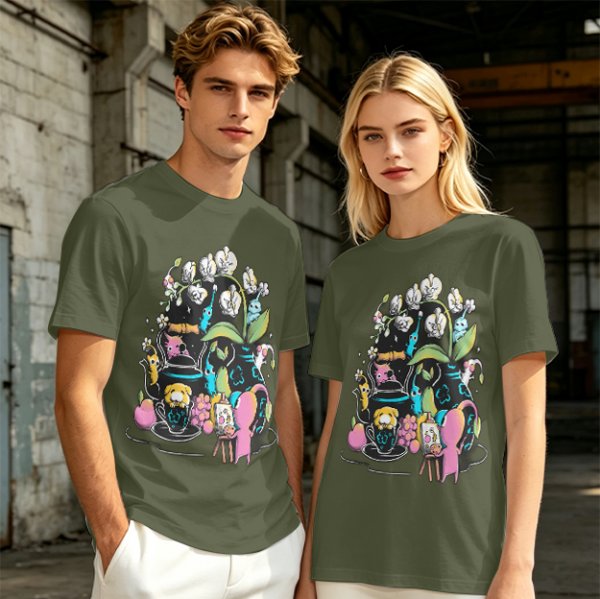 Olive T-Shirt With Whimsical Pikmin Themed Tea Party Art