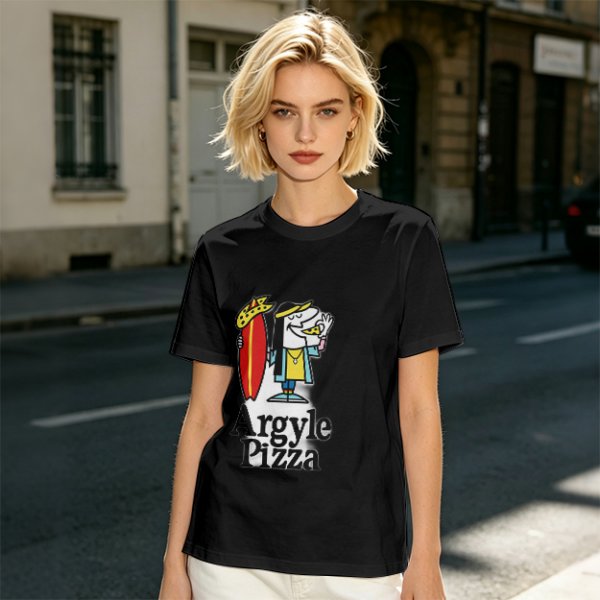 Olive T-Shirt with Surfer Pizza Character and Argyle Pizza Print