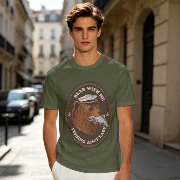 Olive t-shirt with bear captain fishing pun graphic