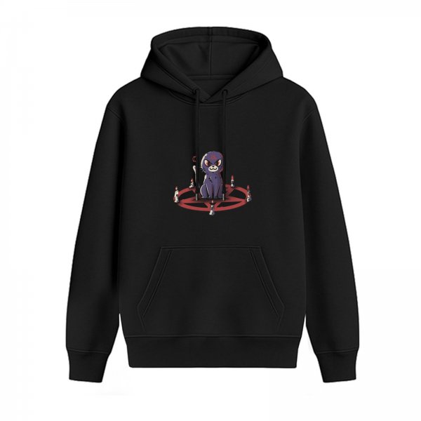Black hoodie with a demonic cat on a pentagram surrounded by candles