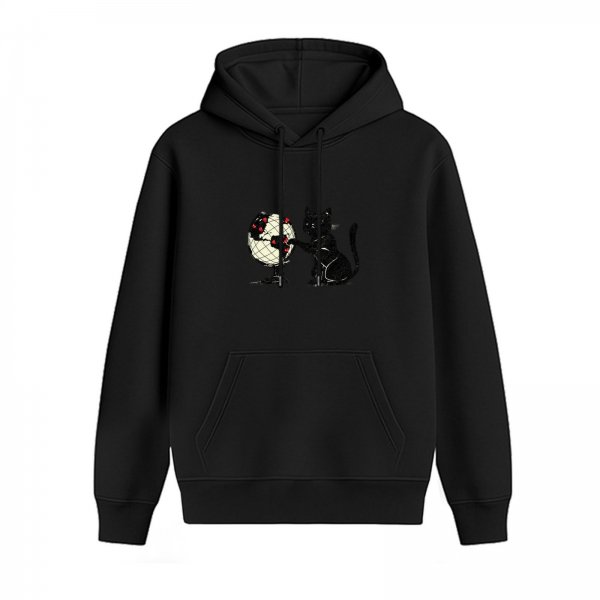 Black Hoodie With Cat Poking Globe Artwork Print