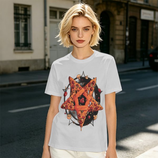 Olive T-Shirt With Pizza Pentagram Graphic Design