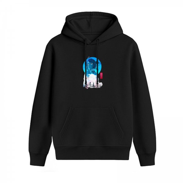 Black hoodie with anime-style blue character graphic print