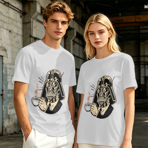 Olive T-shirt with Darth Vader holding a steaming coffee cup